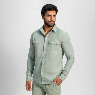 mens breathable oxford double chest pocket shirt color basil