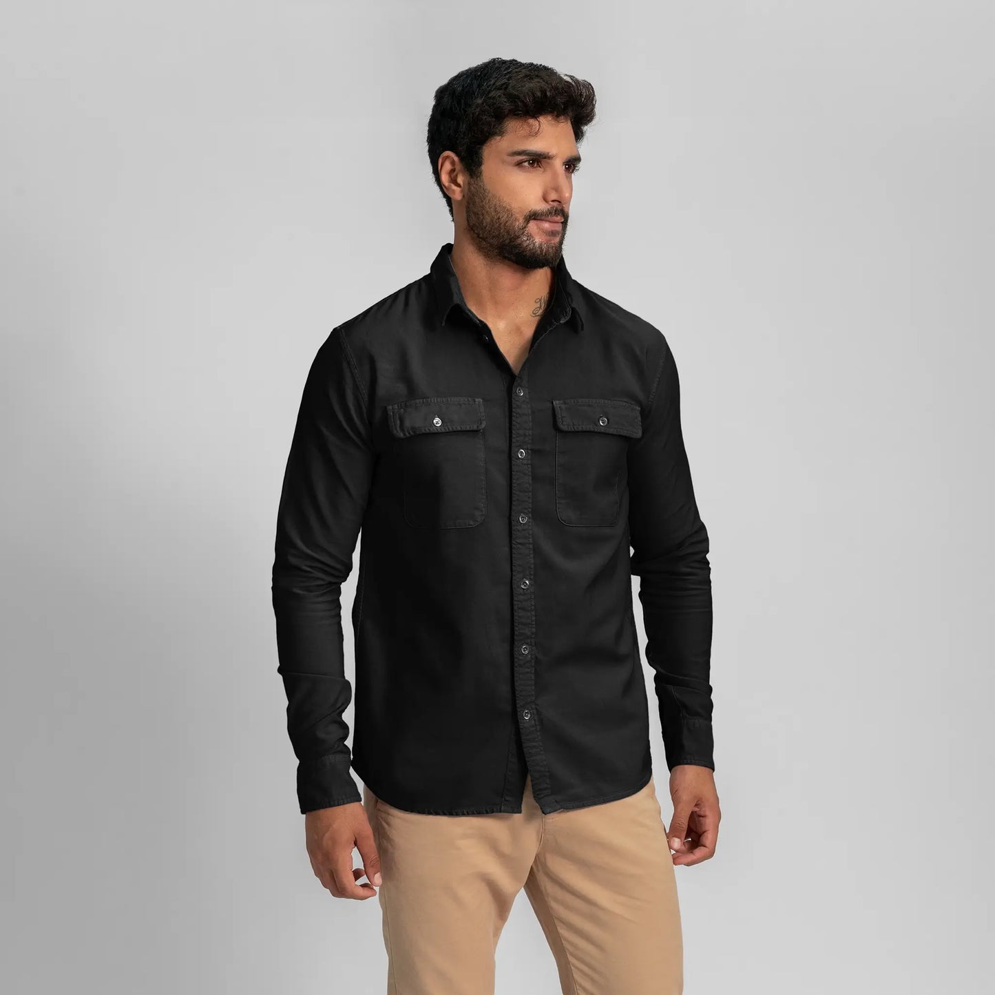 mens durable oxford double chest pocket shirt color black
