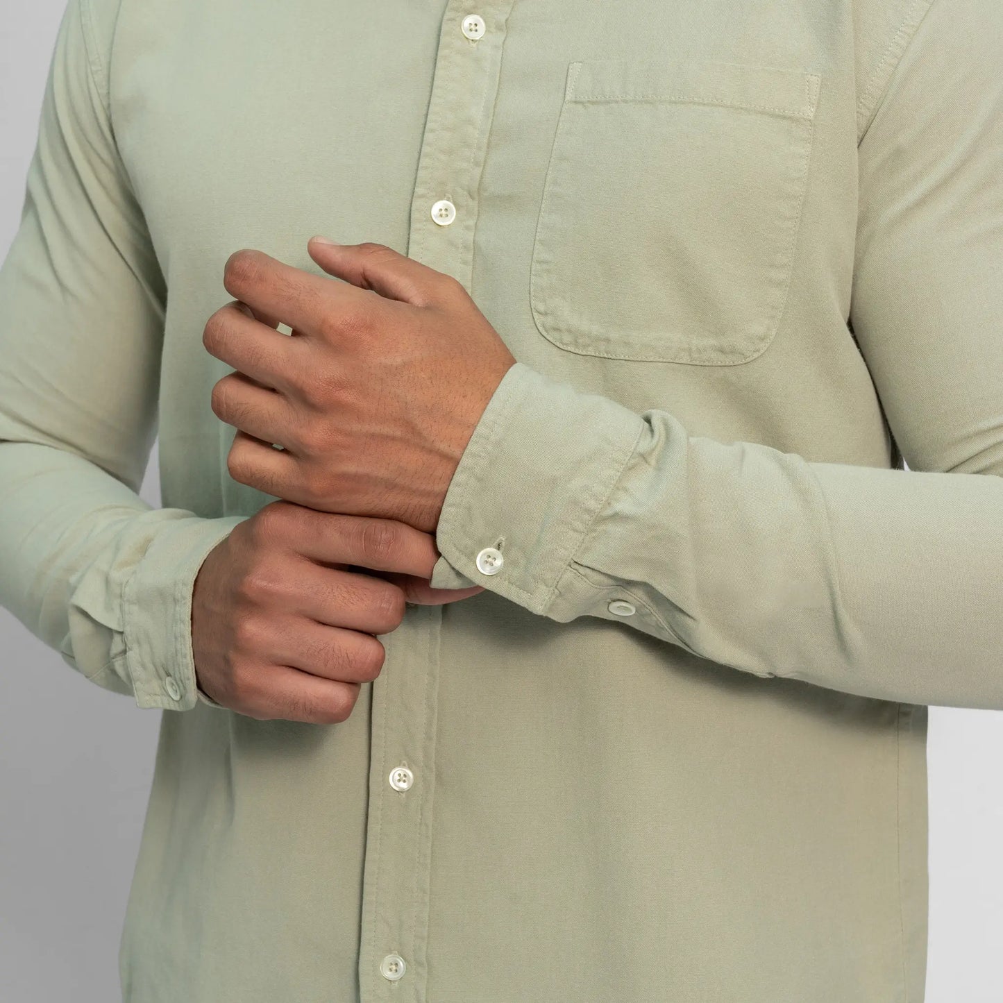 mens versatile design twill buttonup chest pocket shirt color celadon tint