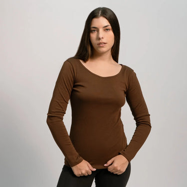 womens comfortable fit scoop neck long sleeve color brown