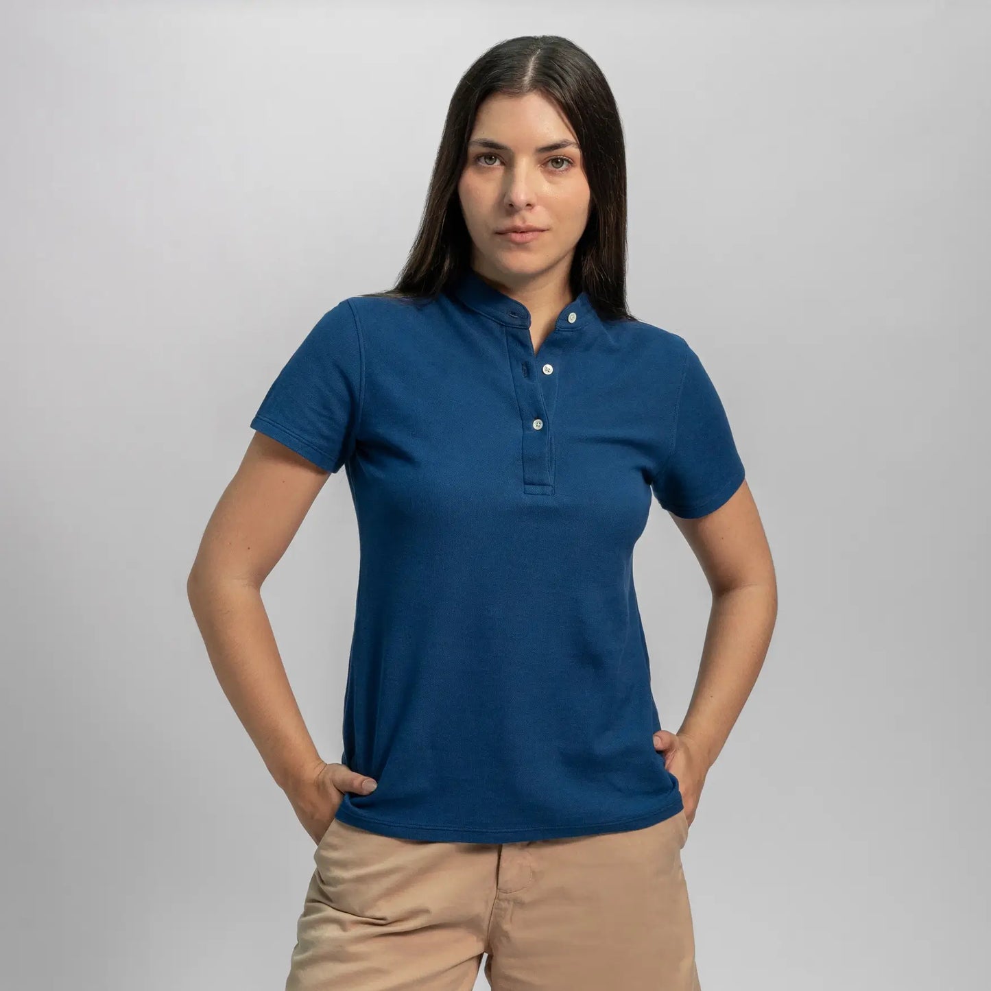 womens eco friendly pique polo shirt color natural blue