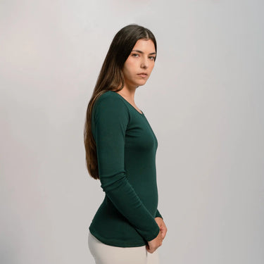 womens low impact dye scoop neck long sleeve color dark teal