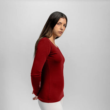 womens low impact dye scoop neck long sleeve color maroon