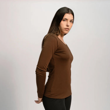 womens natural fiber scoop neck long sleeve color brown
