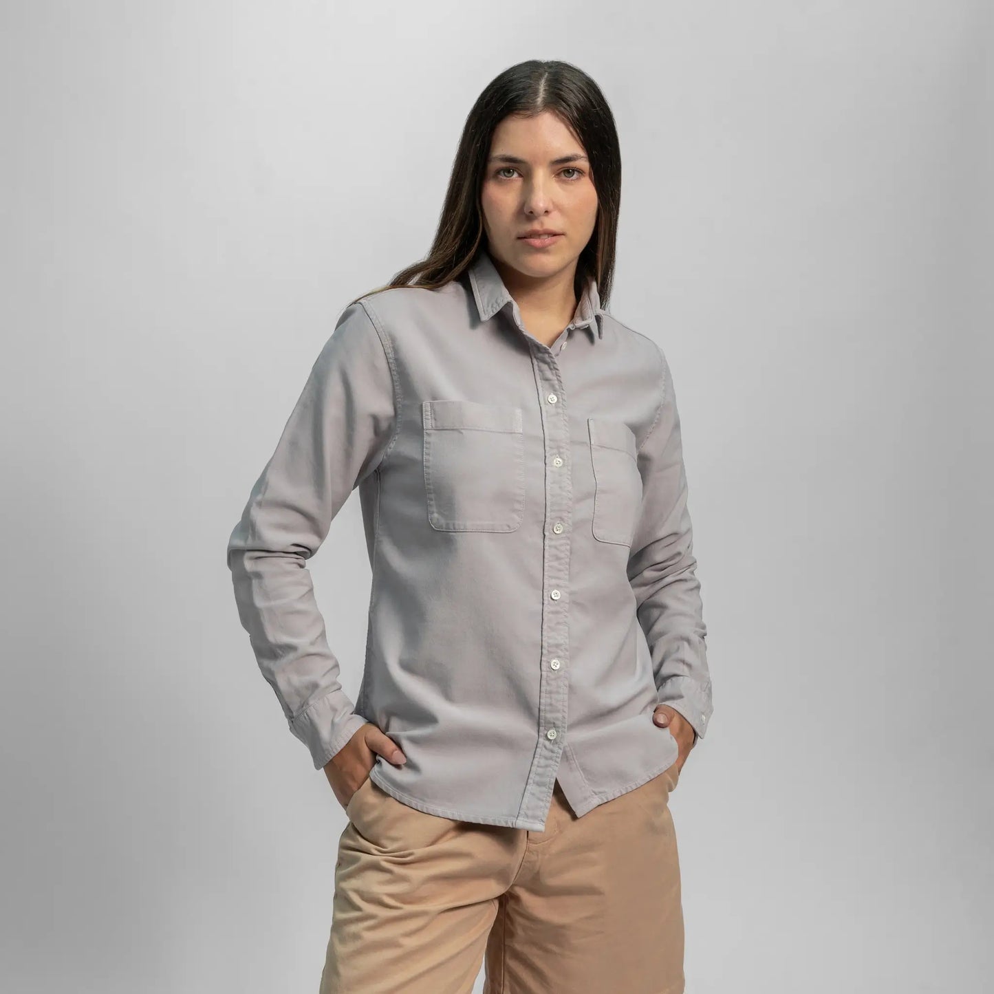 womens organic cotton oxford double pocket shirt color alloy