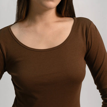 womens sustainable brand scoop neck long sleeve color brown
