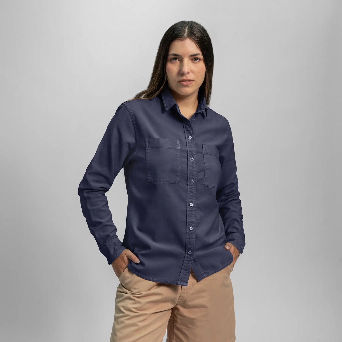 womens sustainable clothing oxford double pocket shirt color navy blue