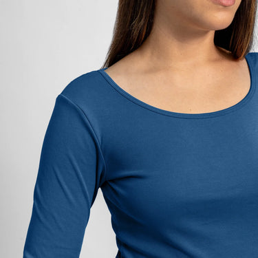 womens sustainable clothing scoop neck long sleeve color natural blue