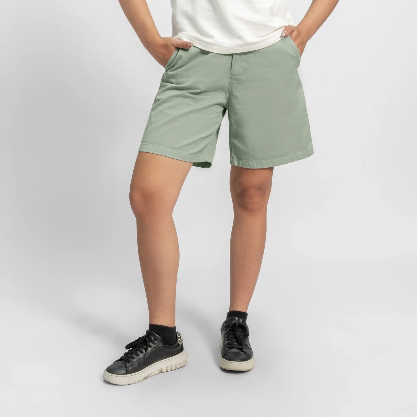 womens sustainable clothing slim fit drill shorts color aqua
