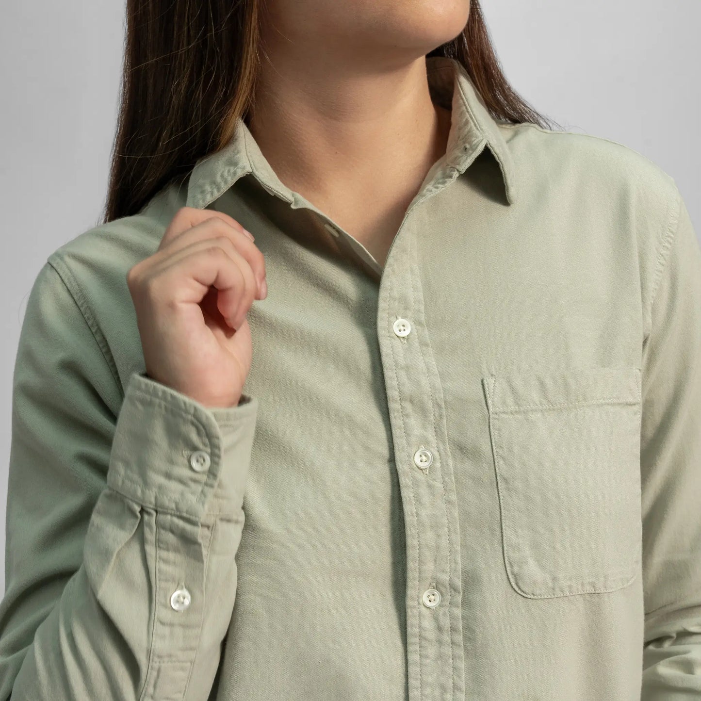 womens versatile design twill buttonup chest pocket shirt color celadon tint