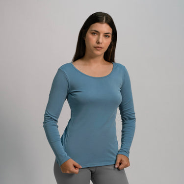 Women's Organic Pima Cotton Scoop Neck Long Sleeve color Natural BabyBlue